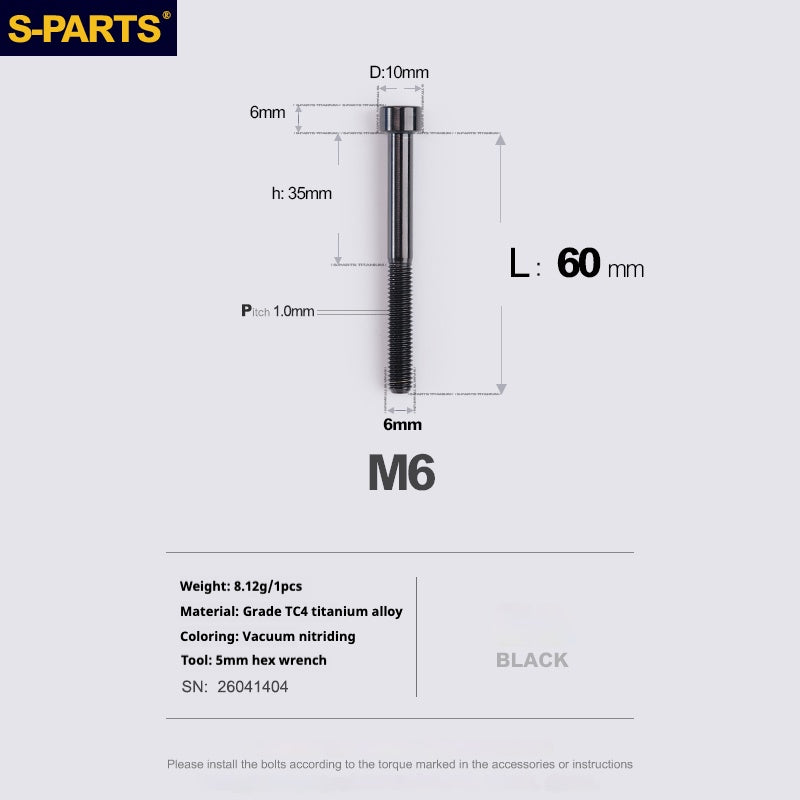 S-PARTS M6x30/40/35/50/60/70 Cubierta de dirección Pinza de freno de disco Tornillo de cabeza de vástago de aleación de titanio