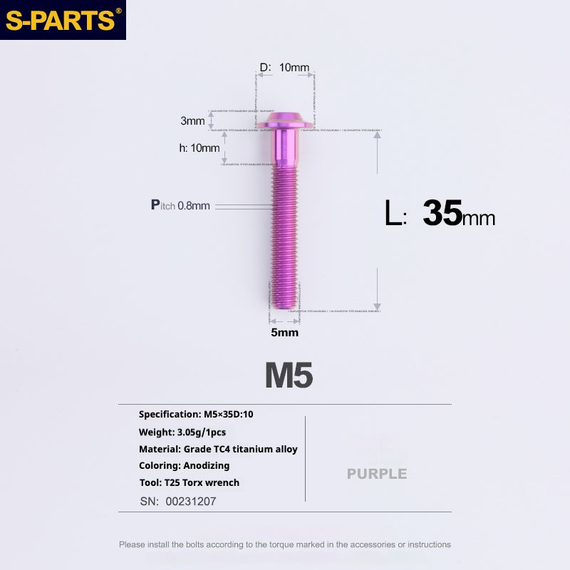 S-PARTS A3 Cabeza de paraguas M5 L06-55 mm D10 Tornillo de titanio para motocicleta y vehículo eléctrico