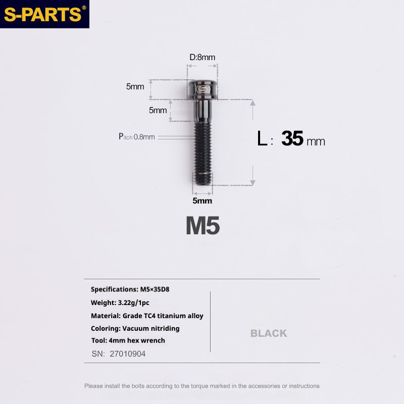S-PARTS Vis en alliage de titane M5x10-35mm à tête cylindrique, ultra légère