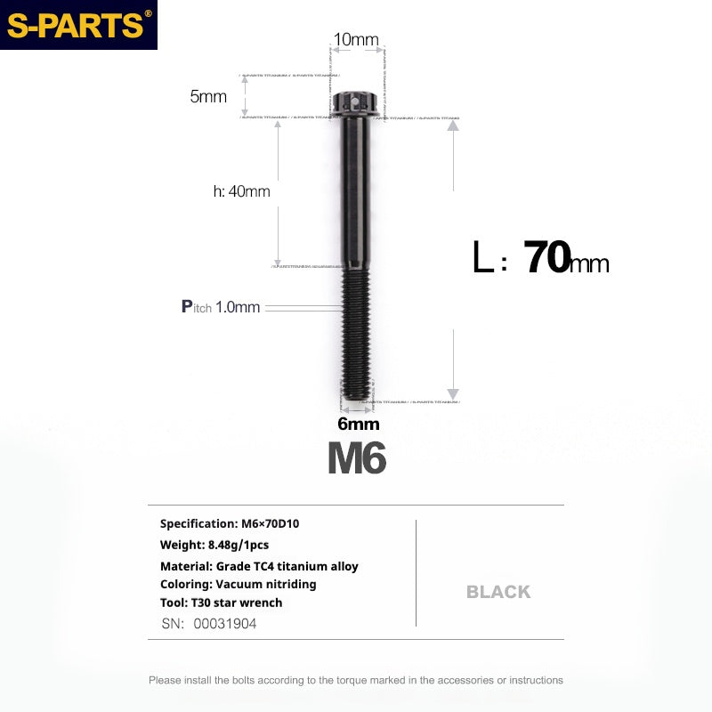 Tornillos de titanio negros SPARTS A3 Series M6 L08-120 mm para motocicletas y automóviles 