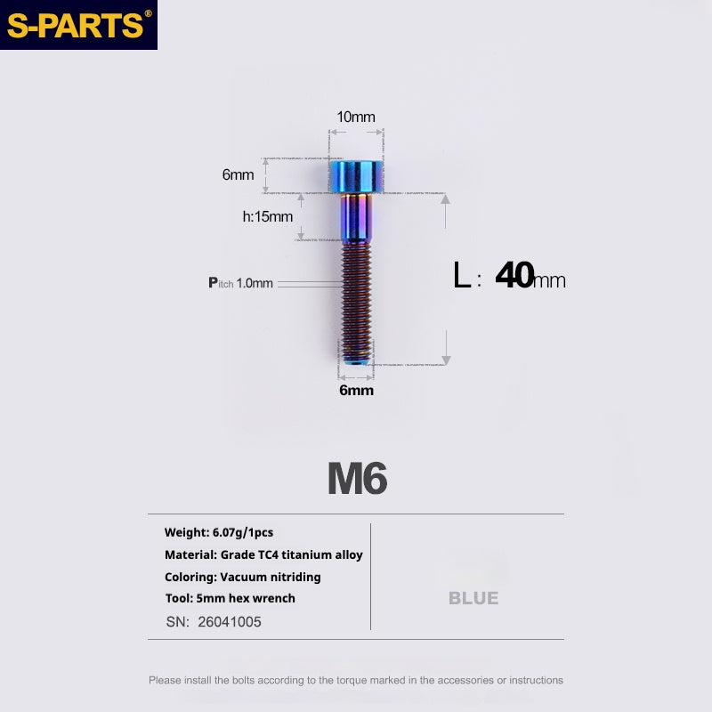 S-PARTS M6x30/40/35/50/60/70 Cubierta de dirección Pinza de freno de disco Tornillo de cabeza de vástago de aleación de titanio