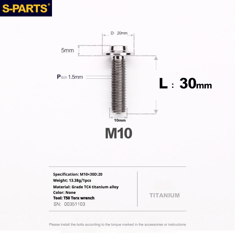 Vis titane série tête parapluie SPARTS A3 M10 L20-35mm D20 P1.5 P1.25 moto voiture