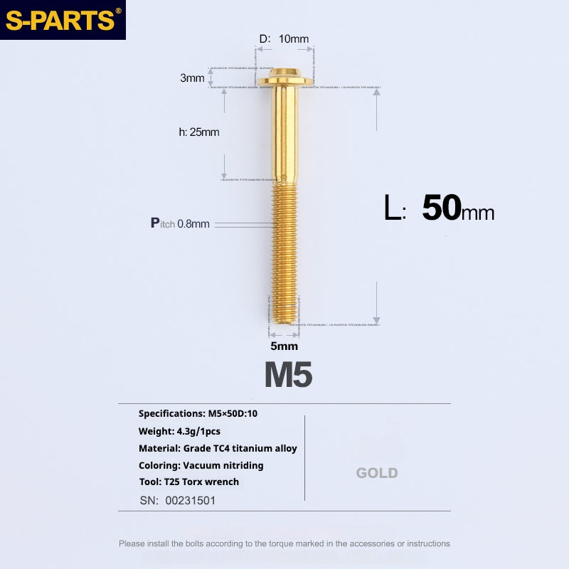 S-PARTS A3 Cabeza de paraguas M5 L06-55 mm D10 Tornillo de titanio para motocicleta y vehículo eléctrico