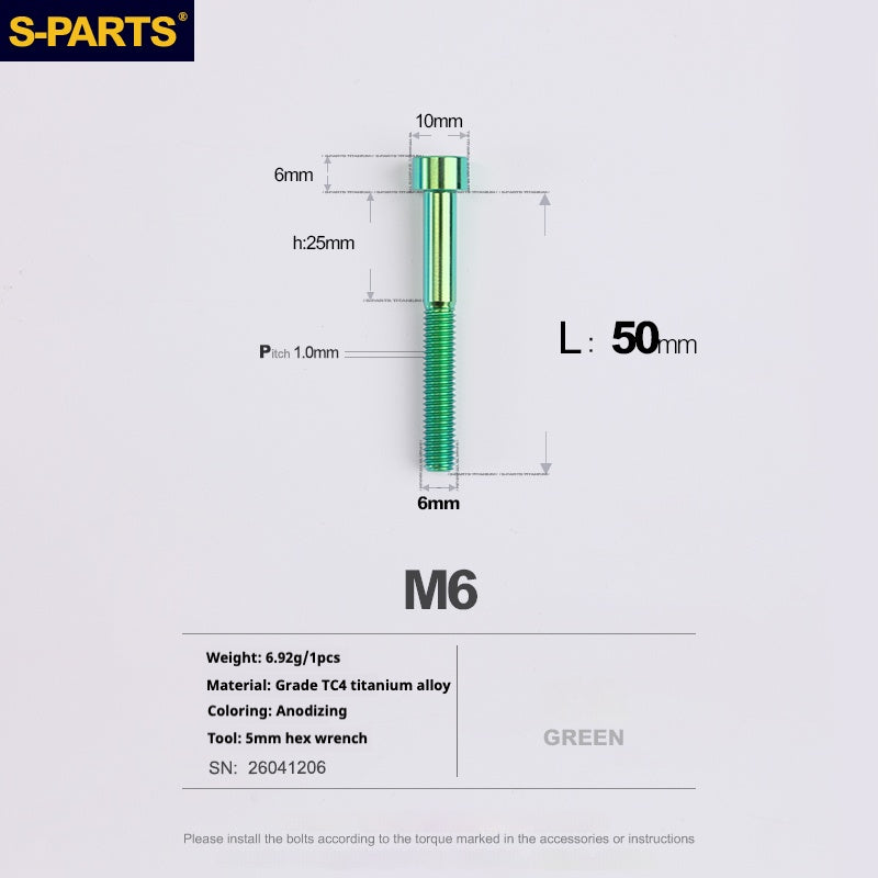 S-PARTS M6x30/40/35/50/60/70 Cubierta de dirección Pinza de freno de disco Tornillo de cabeza de vástago de aleación de titanio
