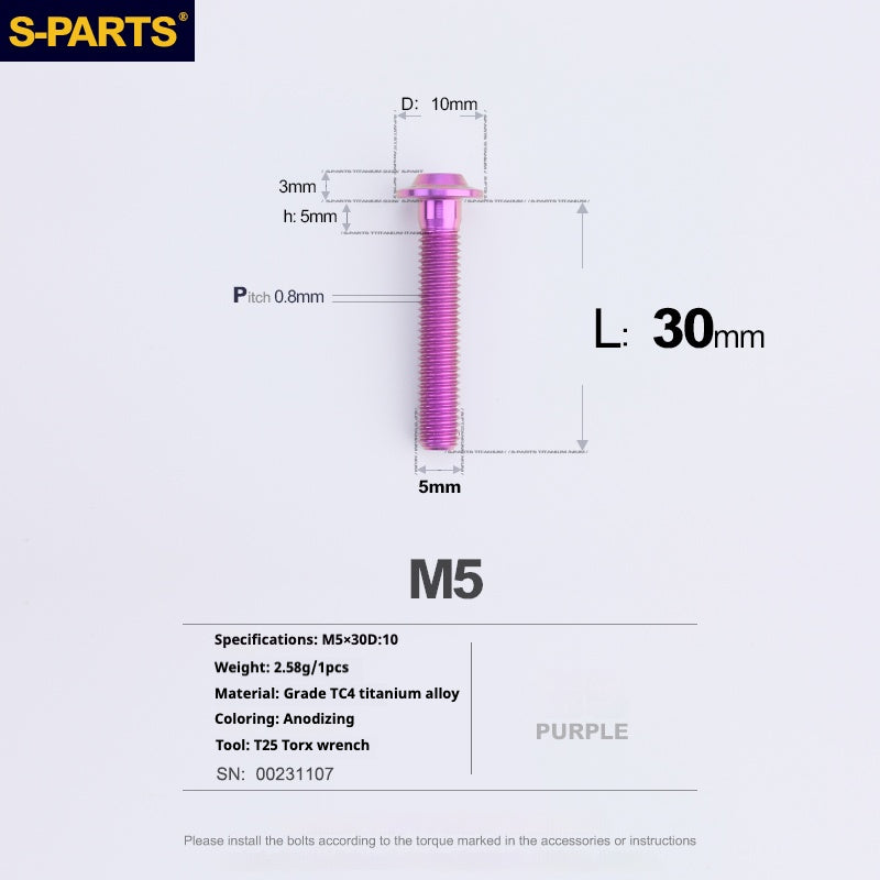 S-PARTS A3 Cabeza de paraguas M5 L06-55 mm D10 Tornillo de titanio para motocicleta y vehículo eléctrico
