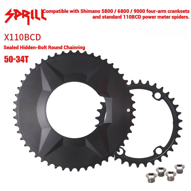 PASS QUEST SPRILL X110 Plateau double 3-S à boulons cachés, couverture intégrale | Pédalier aérodynamique en alliage 7075 | 50T-34T | 110BCD 4 boulons