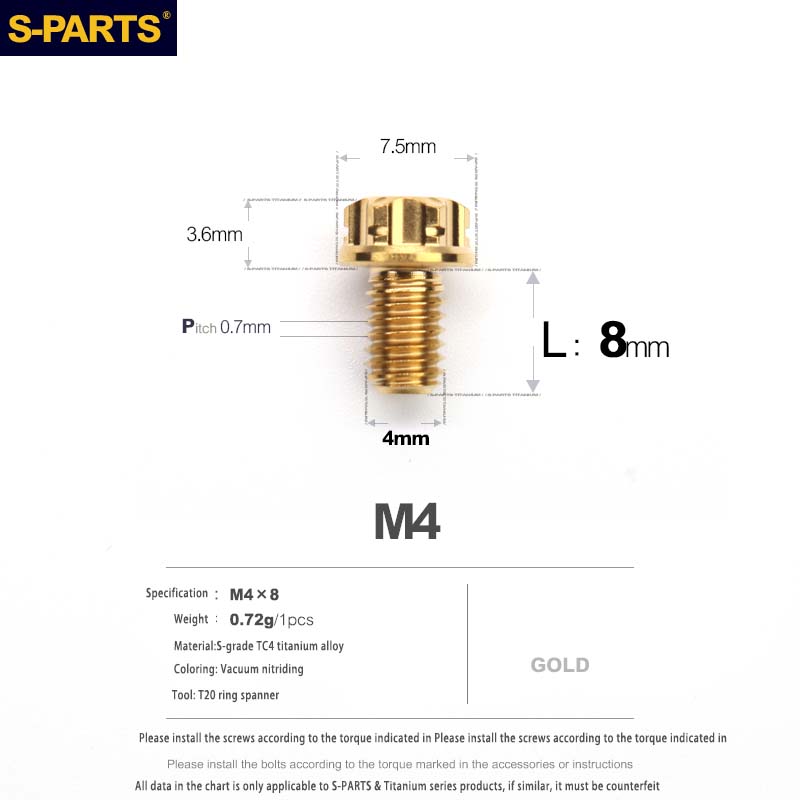 S-PARTS A3 Gold M4 Aleación de titanio Piezas estándar Tornillo para vehículo eléctrico Motocicleta Coche