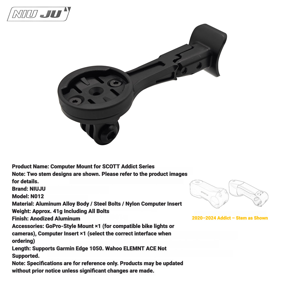 NIUJU CNC Aluminum Computer Mount for SCOTT Addict RC / Foil Aero Syncros Stems | Garmin Wahoo