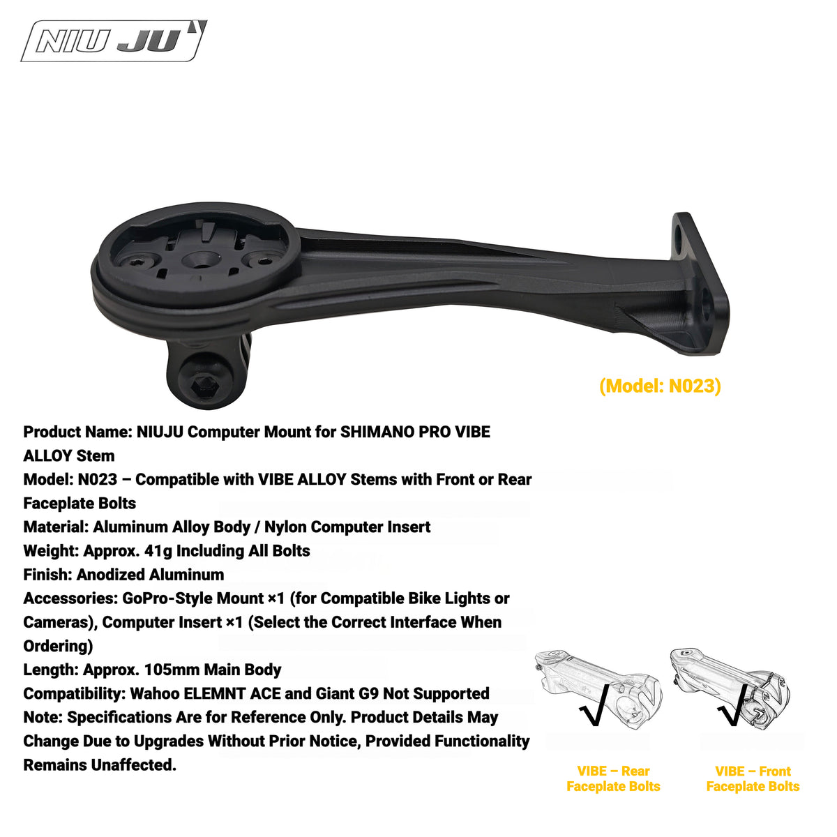 NIUJU Aluminum Computer Mount for SHIMANO PRO VIBE ALLOY Stem | Garmin Wahoo GoPro
