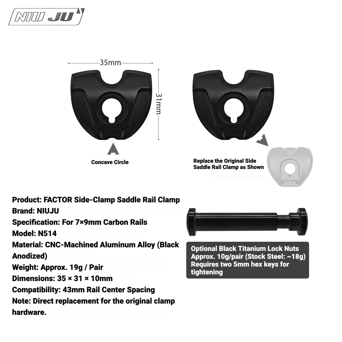 NIUJU Torque 10mm Saddle Clamp for FACTOR OSTRO VAM | 7×9mm Carbon Rail Compatible