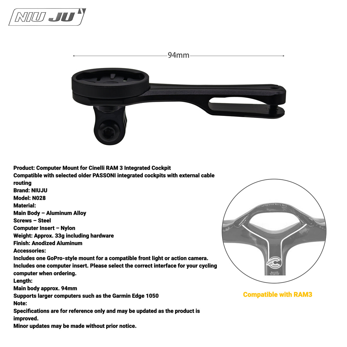 NIUJU Computer Mount for Cinelli RAM 3 | Garmin Wahoo GoPro Mount