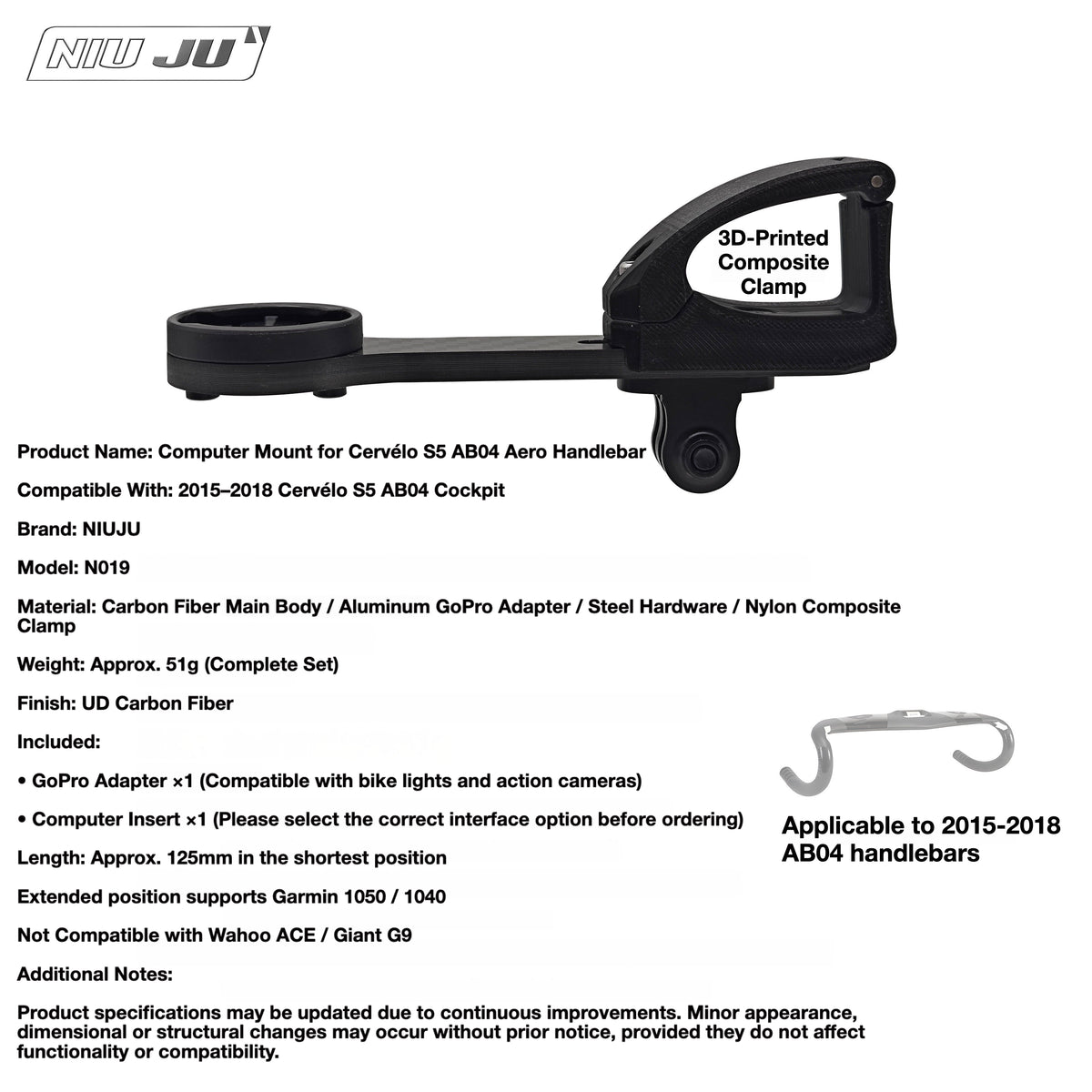 NIUJU Cervélo S5 AB04 Computer Mount for 2015–2018 Rim Brake S5 | Garmin Wahoo Compatible