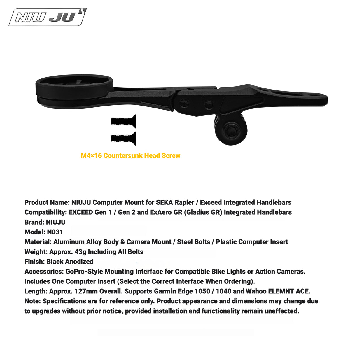 NIUJU Aluminum Computer Mount for SEKA EXCEED / SPEAR Rapier / ExAero GR Integrated Handlebars | Garmin Wahoo