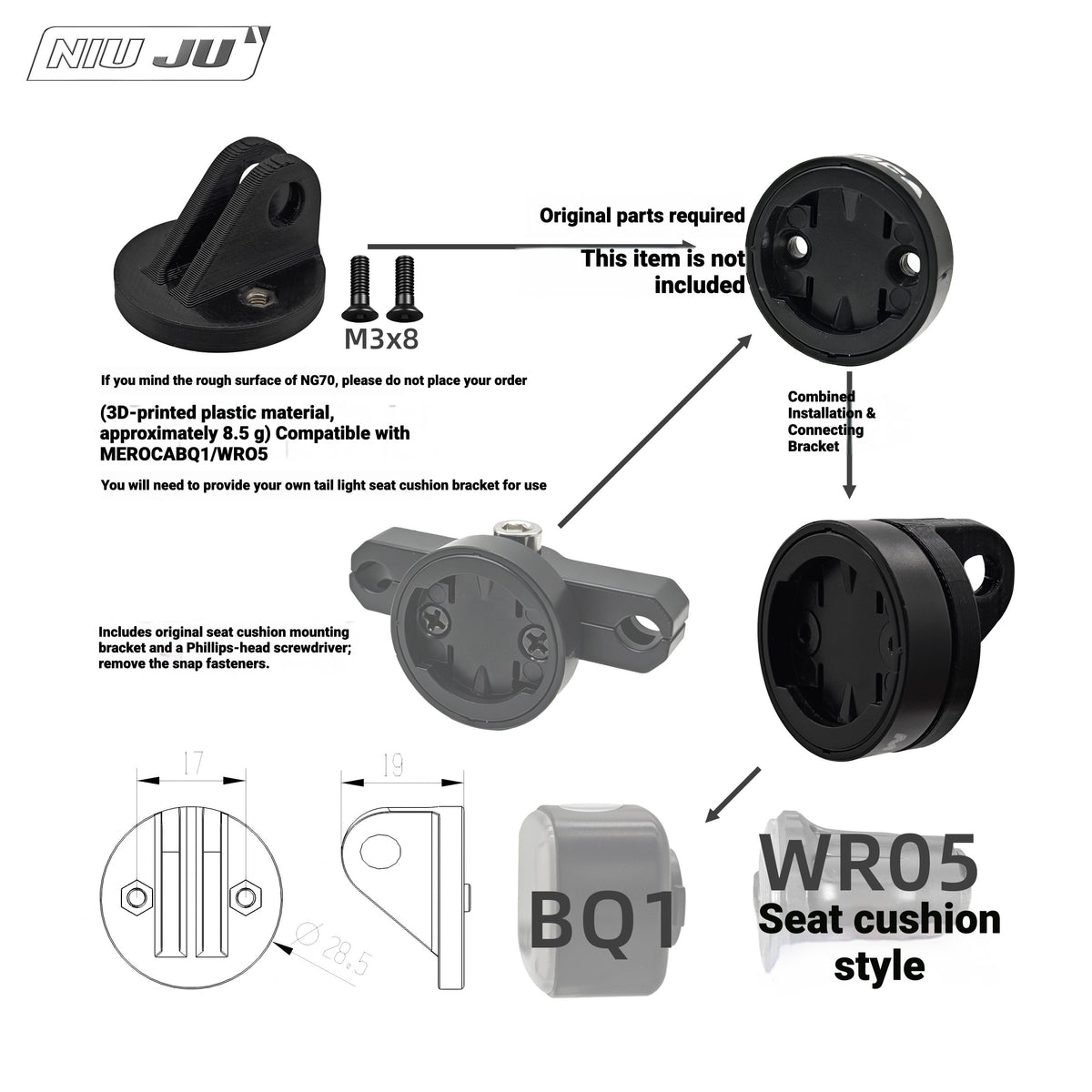 NIUJU NG70 Rear Light Adapter for MEROCA BQ1 / WR05 | GoPro-Style Mount