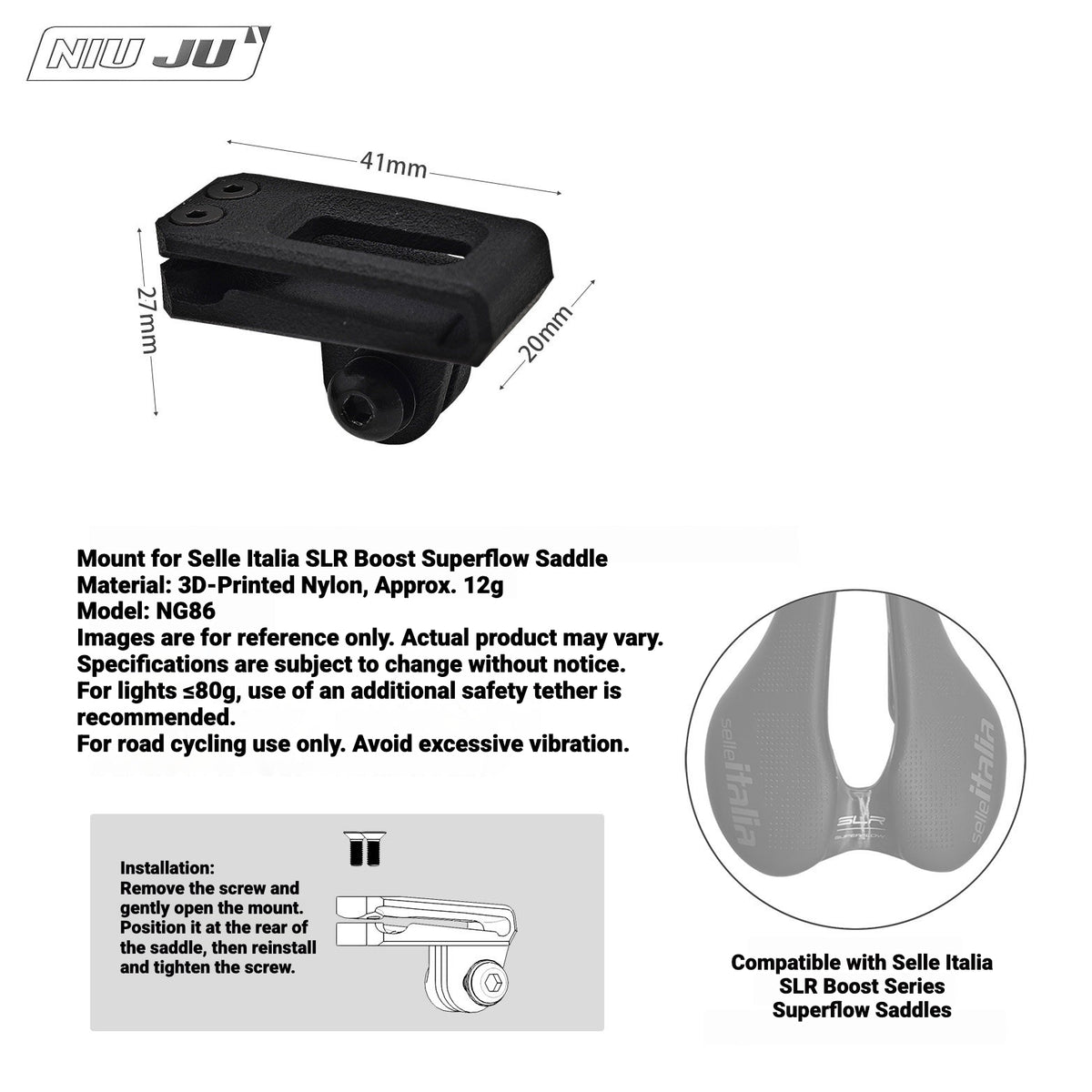 NIUJU Saddle GoPro & Rear Light Mount for Selle Italia SLR Boost Superflow | 3D Printed Nylon