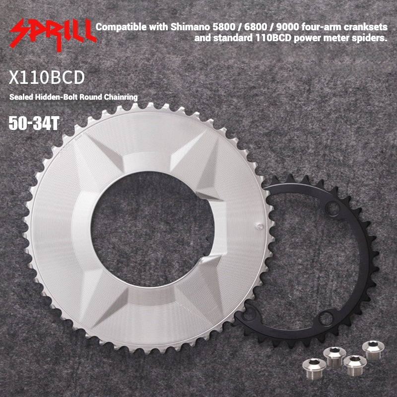 PASS QUEST SPRILL X110 Plateau double 3-S à boulons cachés, couverture intégrale | Pédalier aérodynamique en alliage 7075 | 50T-34T | 110BCD 4 boulons