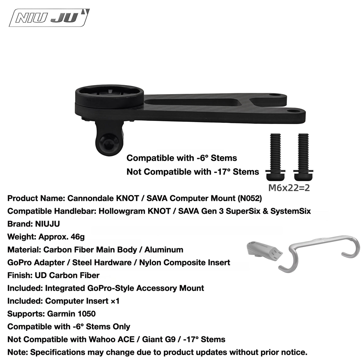 NIUJU Computer Mount for Cannondale SuperSix EVO Gen 3 & SystemSix KNOT Cockpit | Garmin Wahoo Compatible