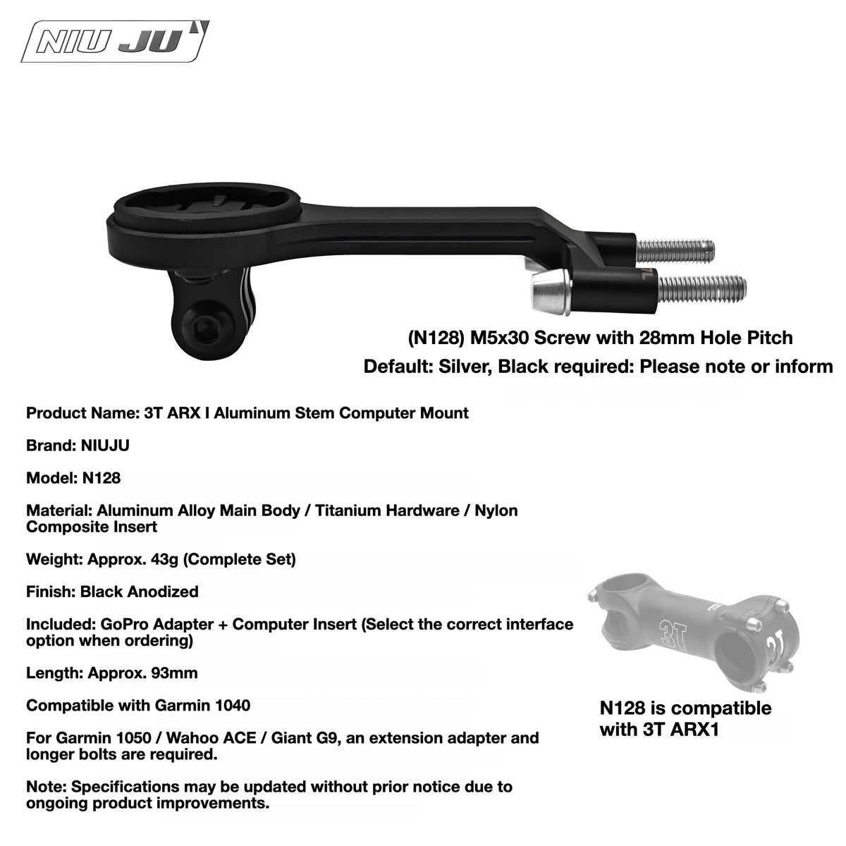 NIUJU 3T ARX I & ARX II PRO Team Computer Mount | Garmin Wahoo GoPro Compatible