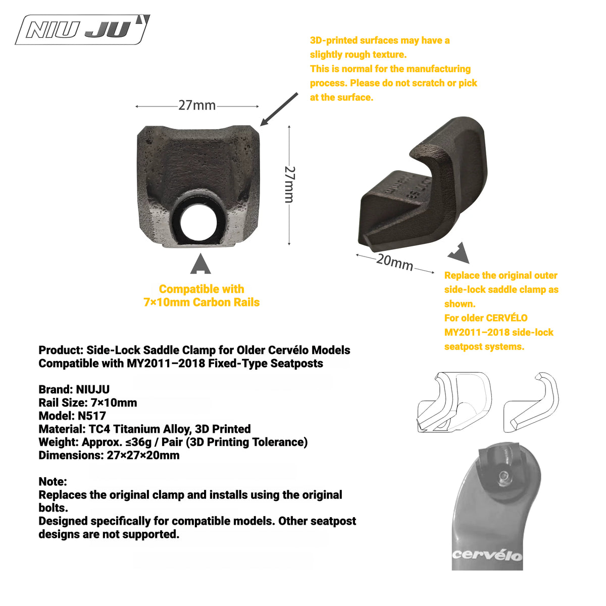 NIUJU TC4 Titanium Carbon Rail Saddle Clamp for Cervélo S2 S3 S5 MY2011–2018 | 7×9mm / 7×10mm