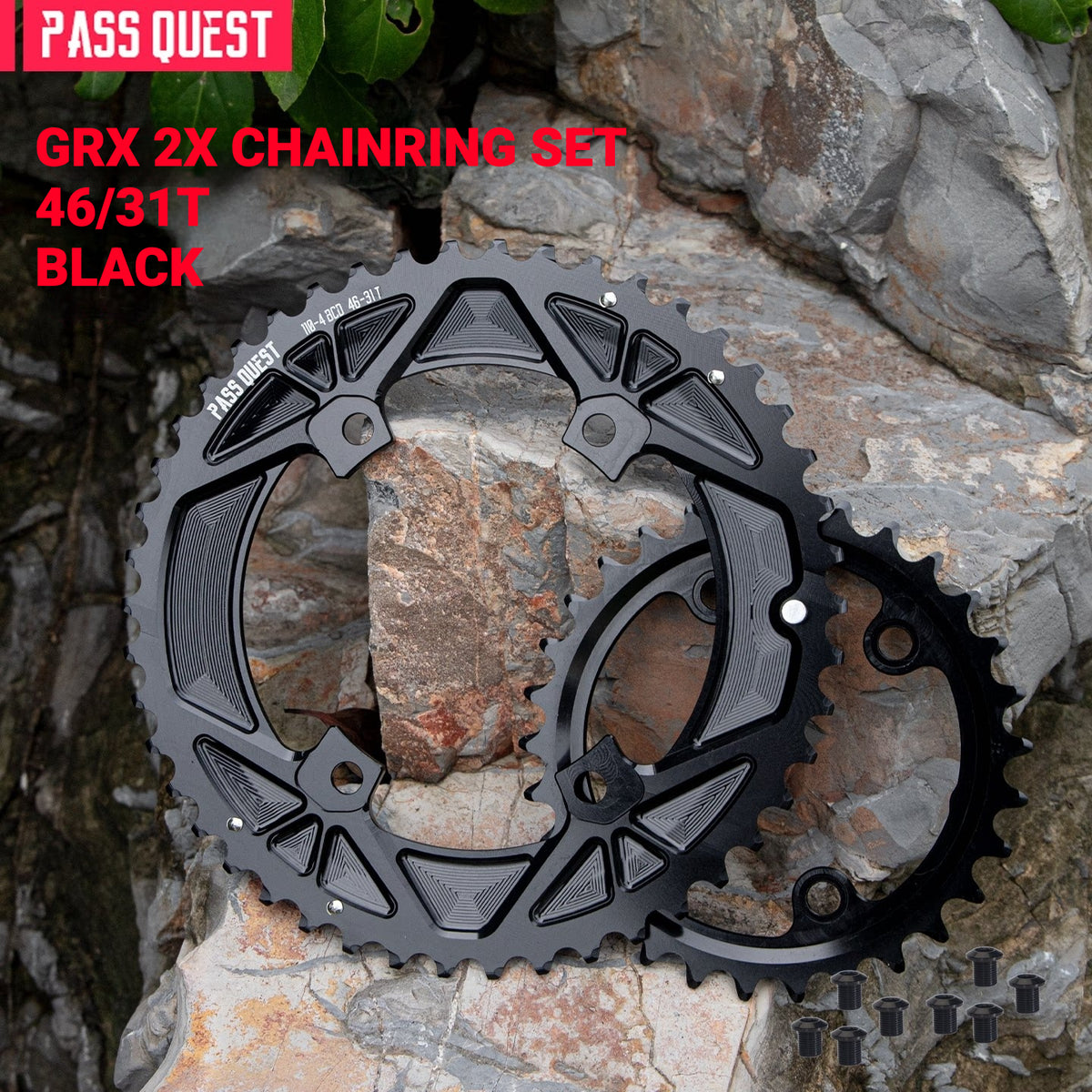 PASS QUEST 110/80BCD Chainring Set for Shimano GRX RX810 / RX820 | 2x 11/12-Speed 44/28T–52/36T