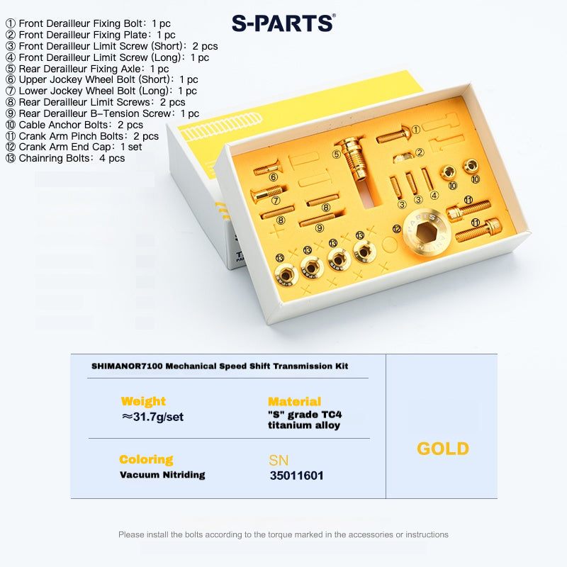 S-PARTS Titanium Bolt Kit for Shimano R7100 / R7120 Mechanical – 13-Piece Drivetrain Upgrade