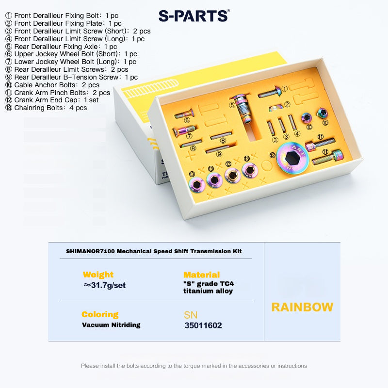 S-PARTS Titanium Bolt Kit for Shimano R7100 / R7120 Mechanical – 13-Piece Drivetrain Upgrade
