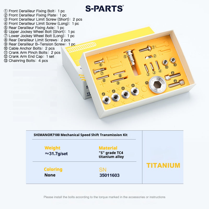 S-PARTS Titanium Bolt Kit for Shimano R7100 / R7120 Mechanical – 13-Piece Drivetrain Upgrade