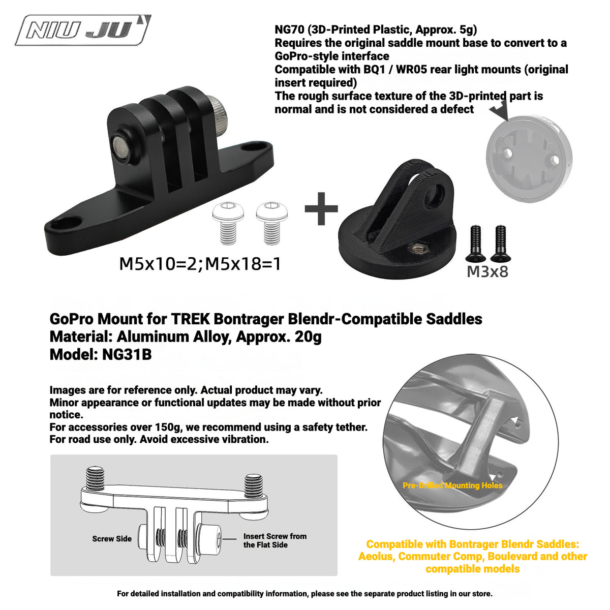 NIUJU NG70 Rear Light Adapter for MEROCA BQ1 / WR05 | GoPro-Style Mount