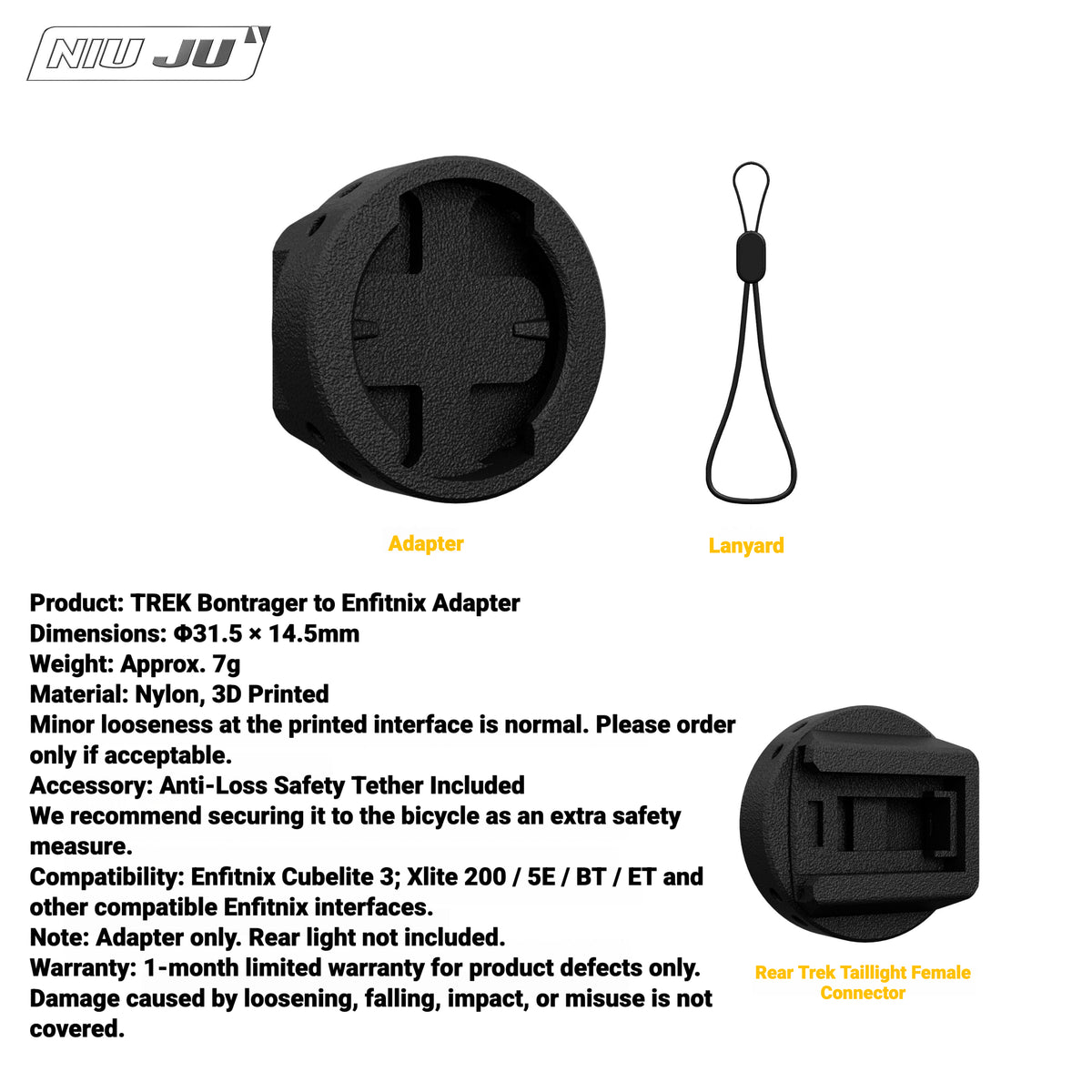 NIUJU Rear Light Adapter for TREK Bontrager Mount | Garmin Varia / Magene Compatible