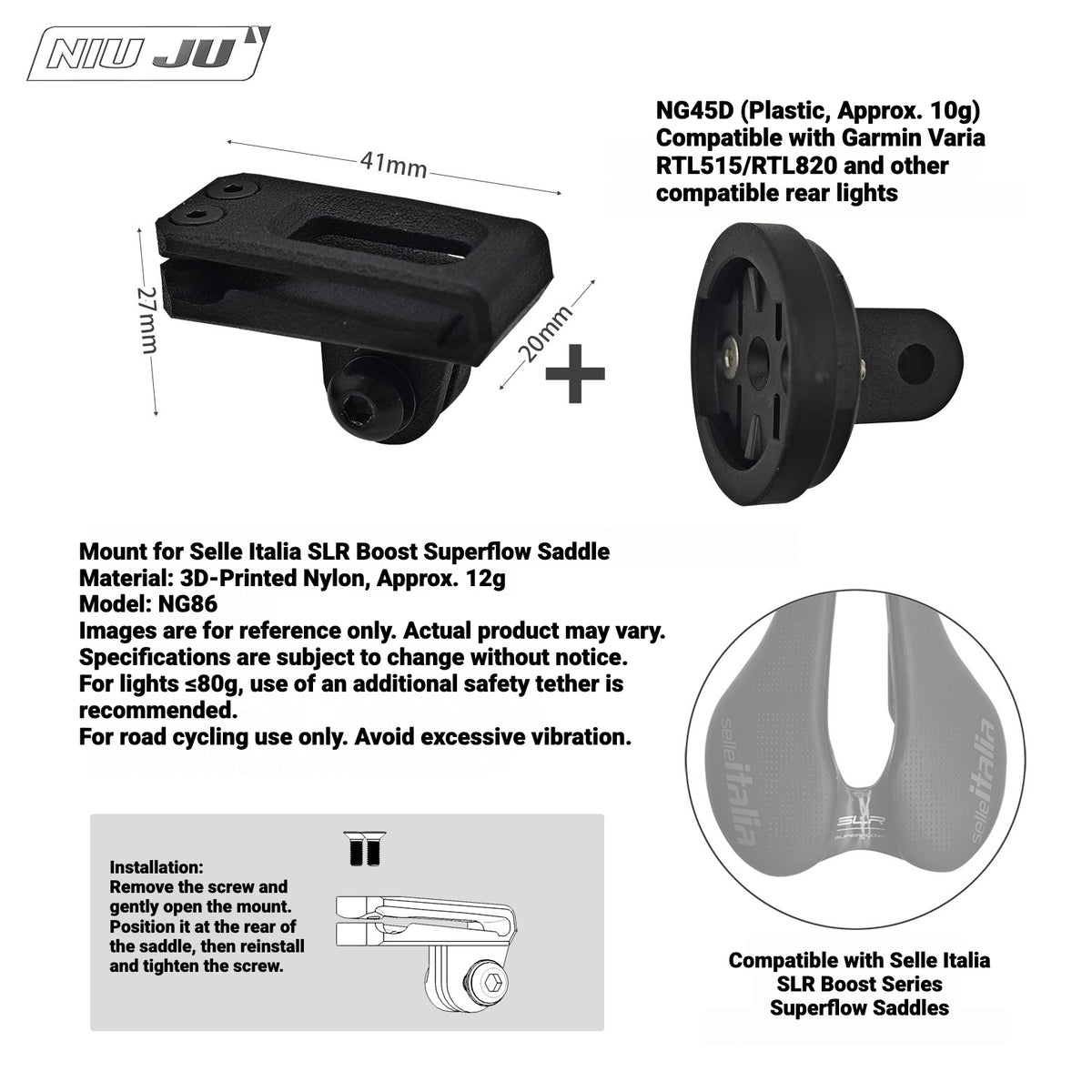 NIUJU Saddle GoPro & Rear Light Mount for Selle Italia SLR Boost Superflow | 3D Printed Nylon