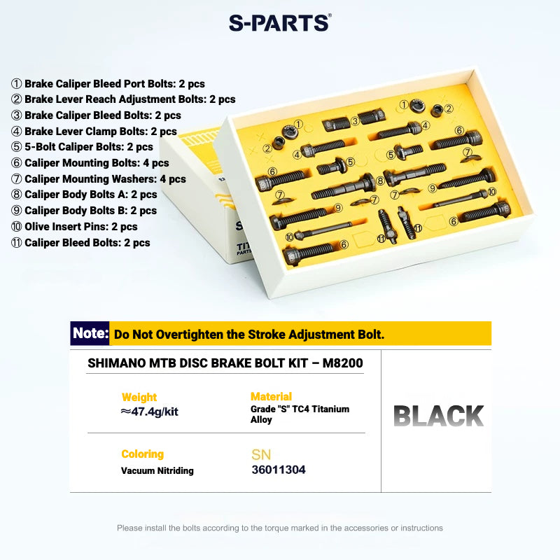 S-PARTS TC4 Titanium Bolt Kit for Shimano Deore XT M8200 / M8220 | MTB Disc Brake & Component Screws
