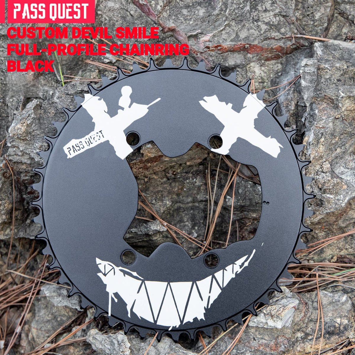 PASS QUEST Custom 110BCD Full-Profile Narrow-Wide Chainring | Checkerboard Devil Smile 1x Road Chainring