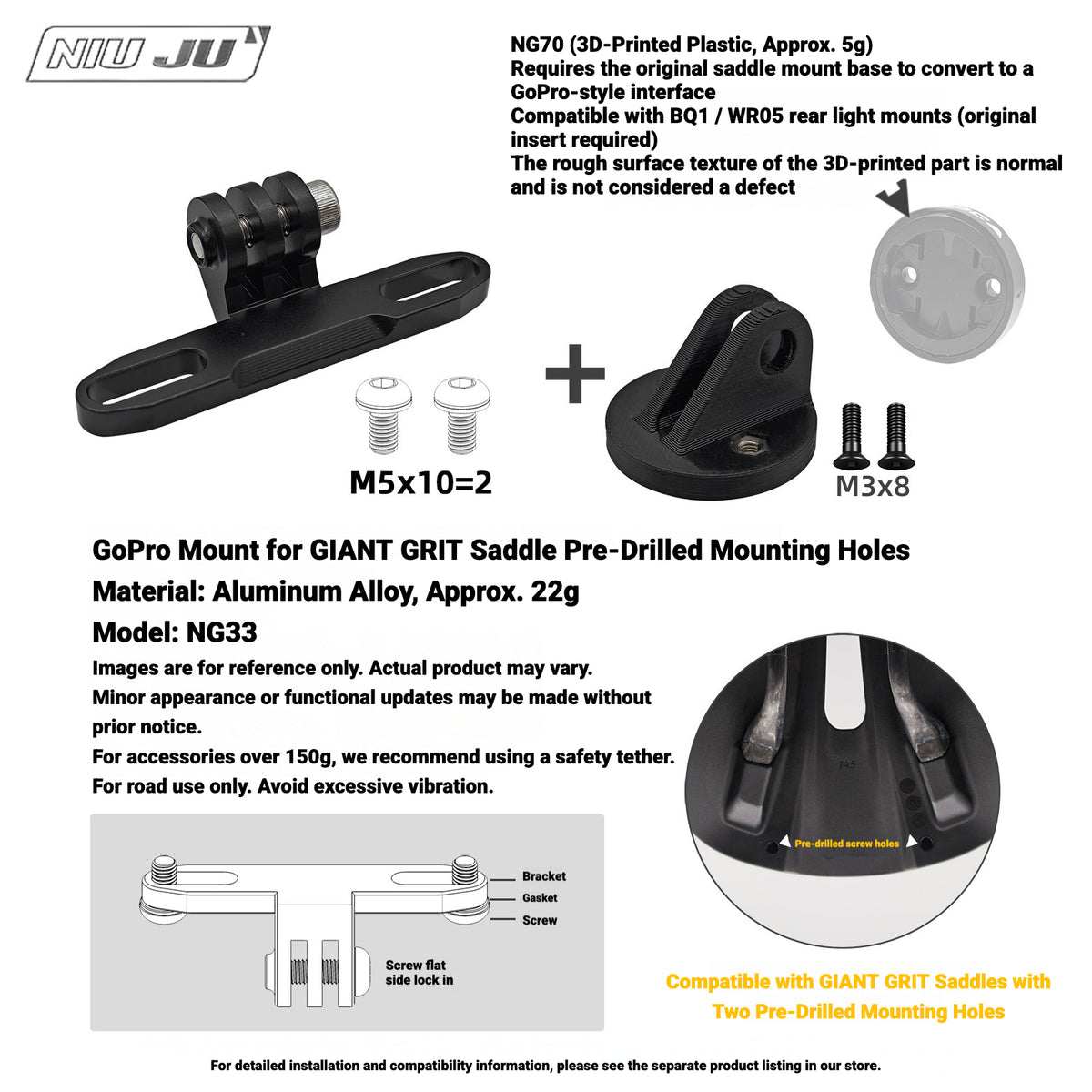 NIUJU NG70 Rear Light Adapter for MEROCA BQ1 / WR05 | GoPro-Style Mount