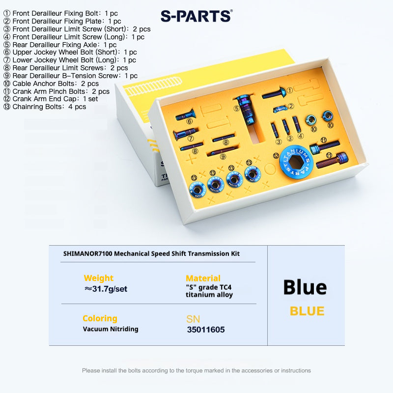 S-PARTS Titanium Bolt Kit for Shimano R7100 / R7120 Mechanical – 13-Piece Drivetrain Upgrade