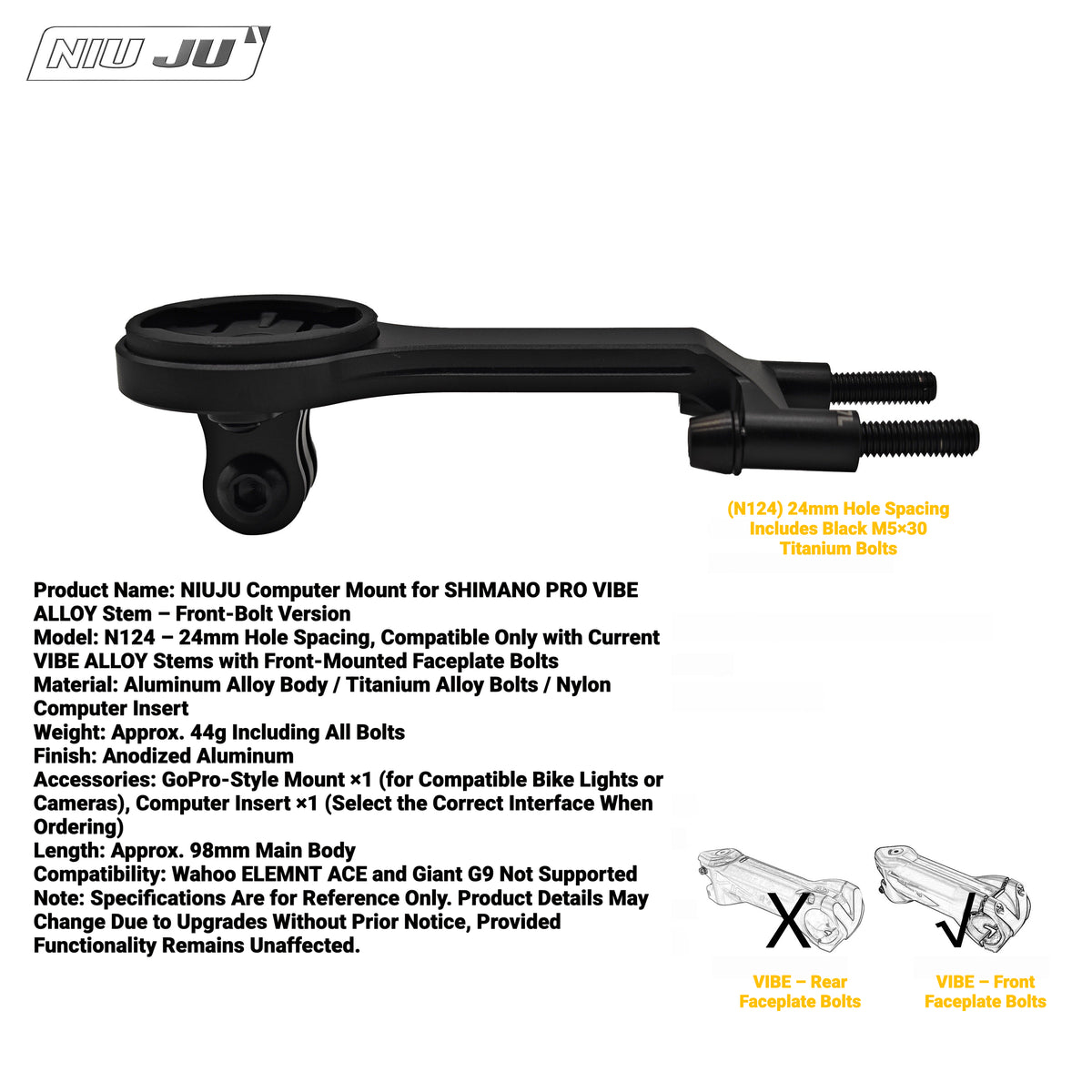 NIUJU Aluminum Computer Mount for SHIMANO PRO VIBE ALLOY Stem | Garmin Wahoo GoPro