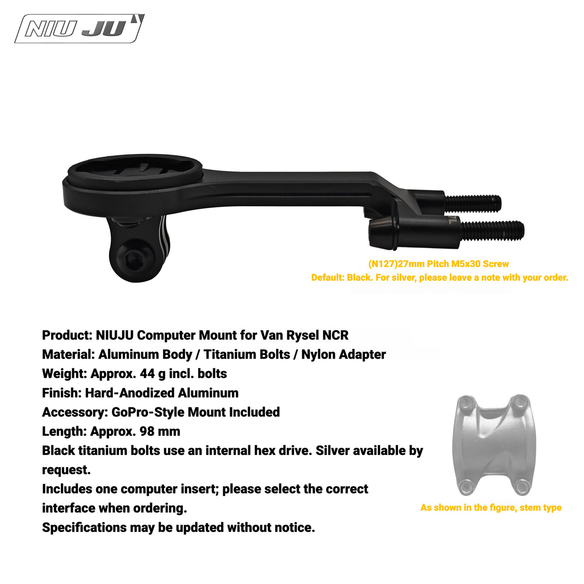 NIUJU Computer Mount for Van Rysel RCR / NCR Stem | Decathlon Garmin Wahoo Mount