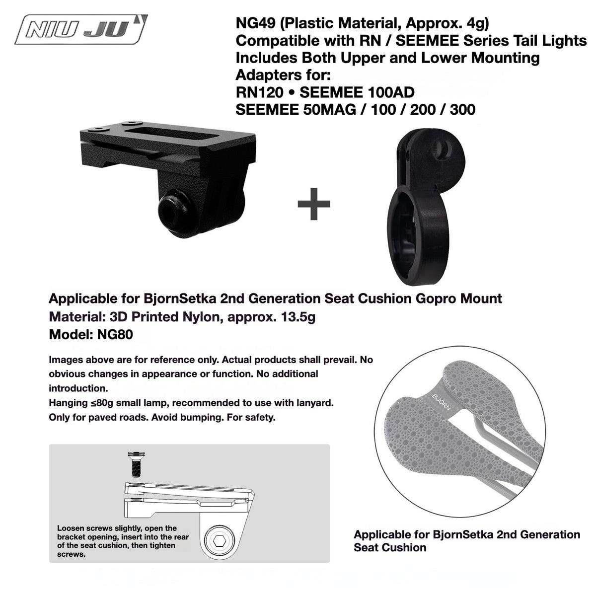 NIUJU Torque Saddle Mount for Bjorn Setka Gen 2 Saddle | GoPro Tail Light & Race Number Holder