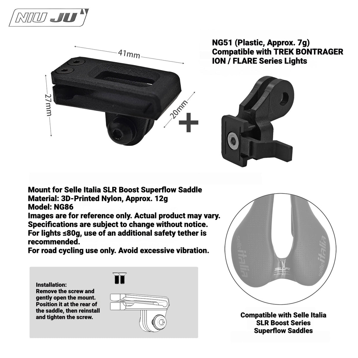 NIUJU Saddle GoPro & Rear Light Mount for Selle Italia SLR Boost Superflow | 3D Printed Nylon