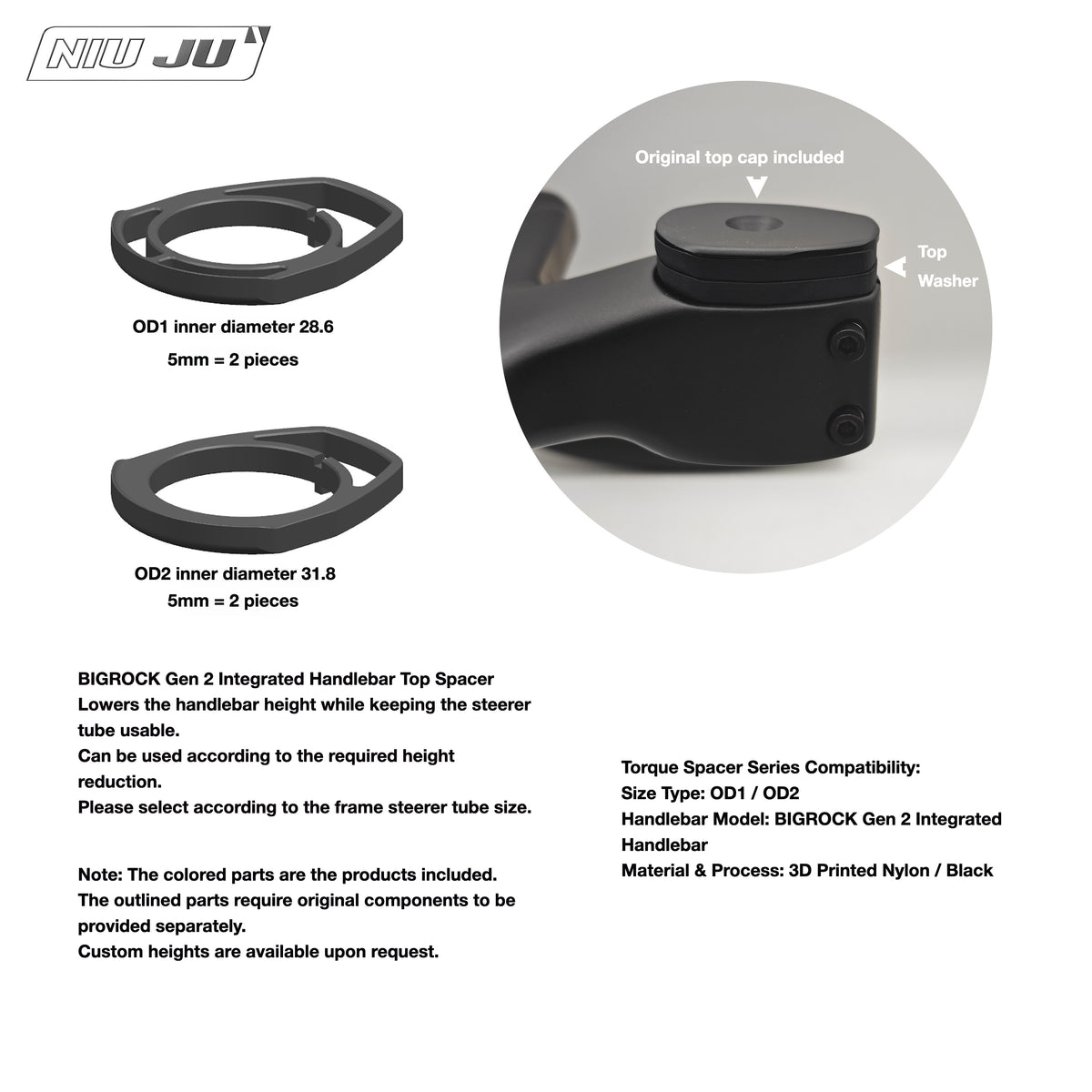 NIUJU Integrated Headset Spacer Kit – BIGROCK Gen 2 Integrated Handlebar Compatible