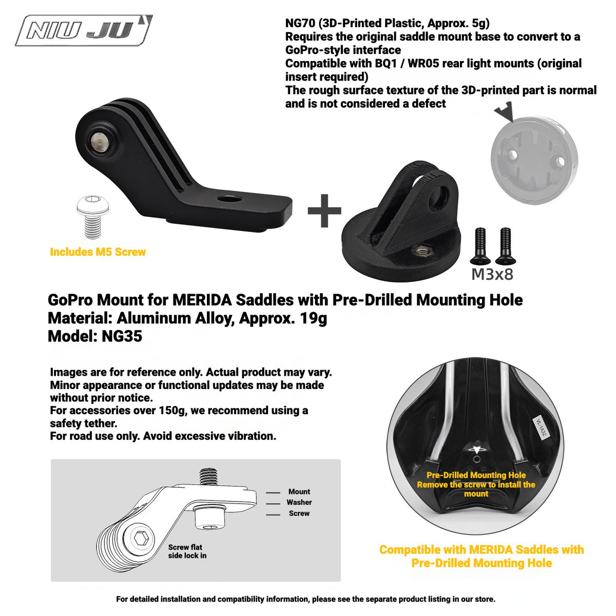 NIUJU NG70 Rear Light Adapter for MEROCA BQ1 / WR05 | GoPro-Style Mount