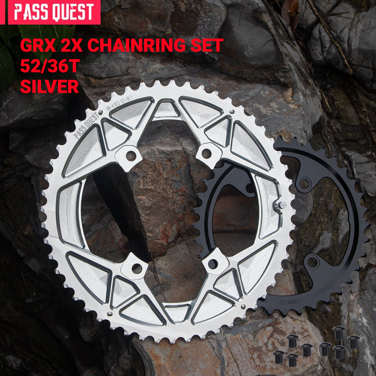 PASS QUEST 110/80BCD Chainring Set for Shimano GRX RX810 / RX820 | 2x 11/12-Speed 44/28T–52/36T