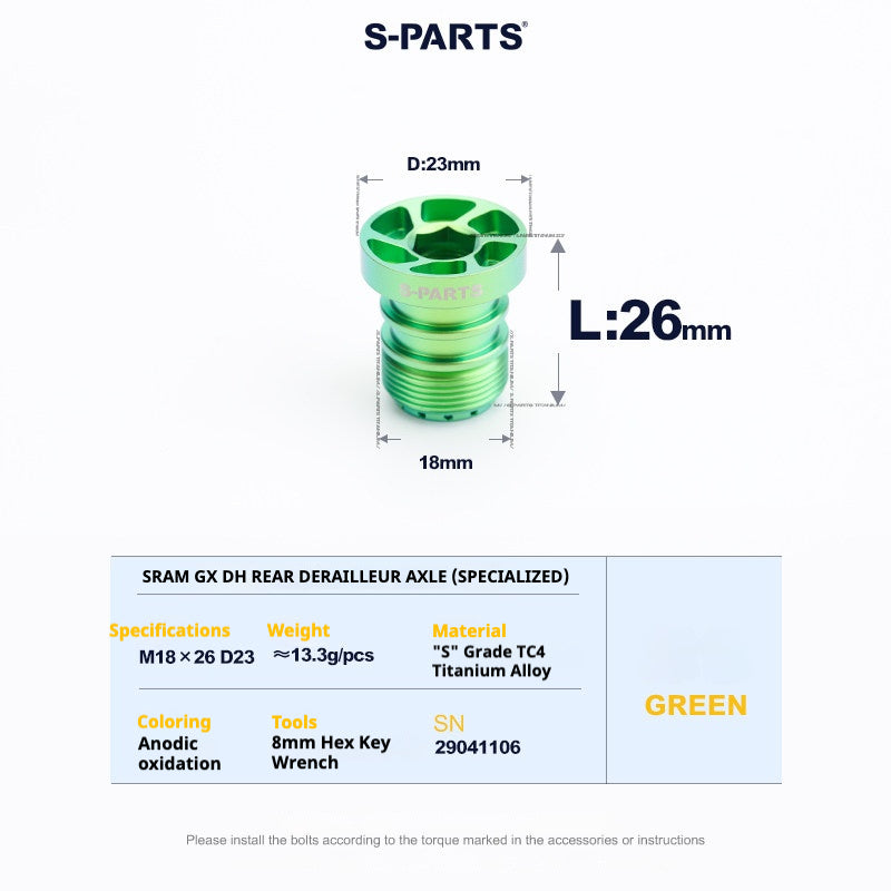 S-PARTS Titanium Rear Derailleur Axle for SRAM GX UDH | TC4 Titanium | M18×26 D23