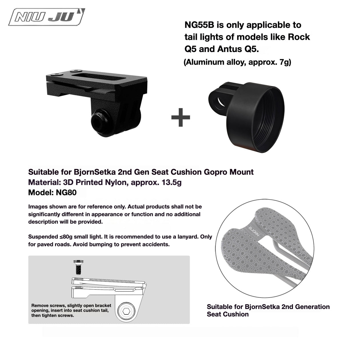 NIUJU Torque Saddle Mount for Bjorn Setka Gen 2 Saddle | GoPro Tail Light & Race Number Holder