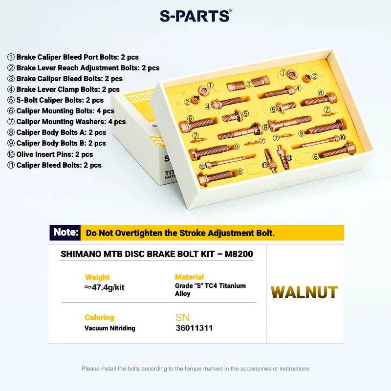 S-PARTS TC4 Titanium Bolt Kit for Shimano Deore XT M8200 / M8220 | MTB Disc Brake & Component Screws
