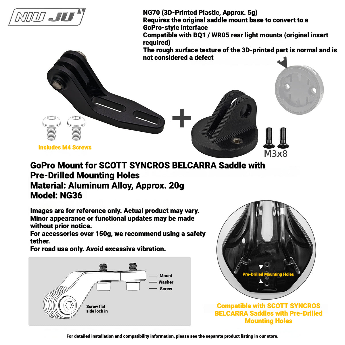 NIUJU NG70 Rear Light Adapter for MEROCA BQ1 / WR05 | GoPro-Style Mount