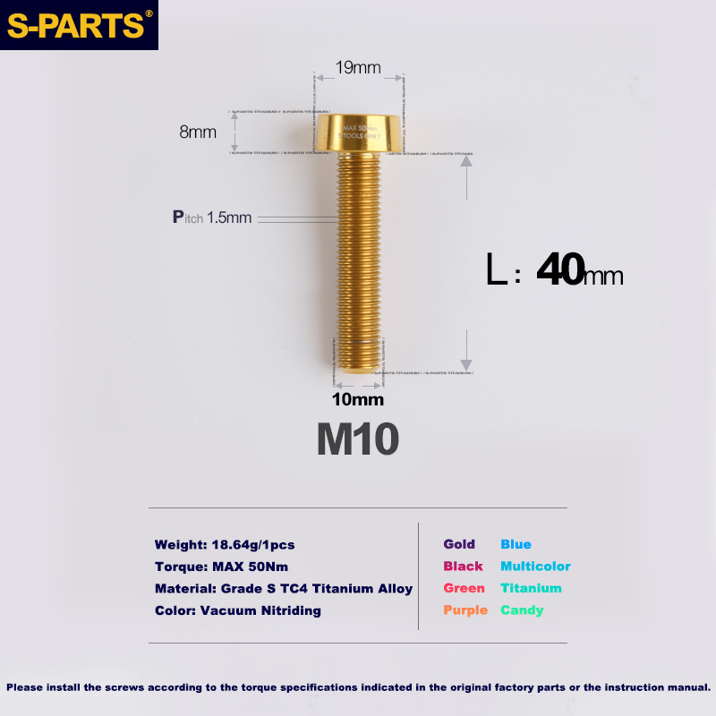 Tornillos antirrobo de titanio S-PARTS M10 D19 P1,5 con varias longitudes (L20, L25, L40, L45, L50, L55, L60, L65, L70) 