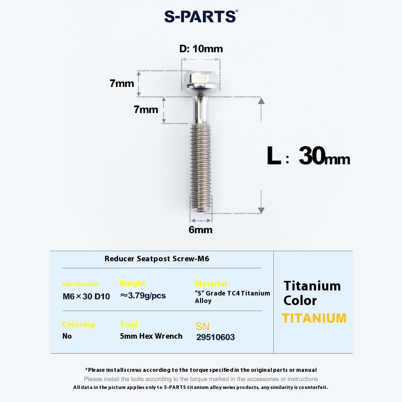 S-PARTS M6 Titanium Seatpost Step-Down Bolt & Nut Kit – Multiple Lengths & Colors