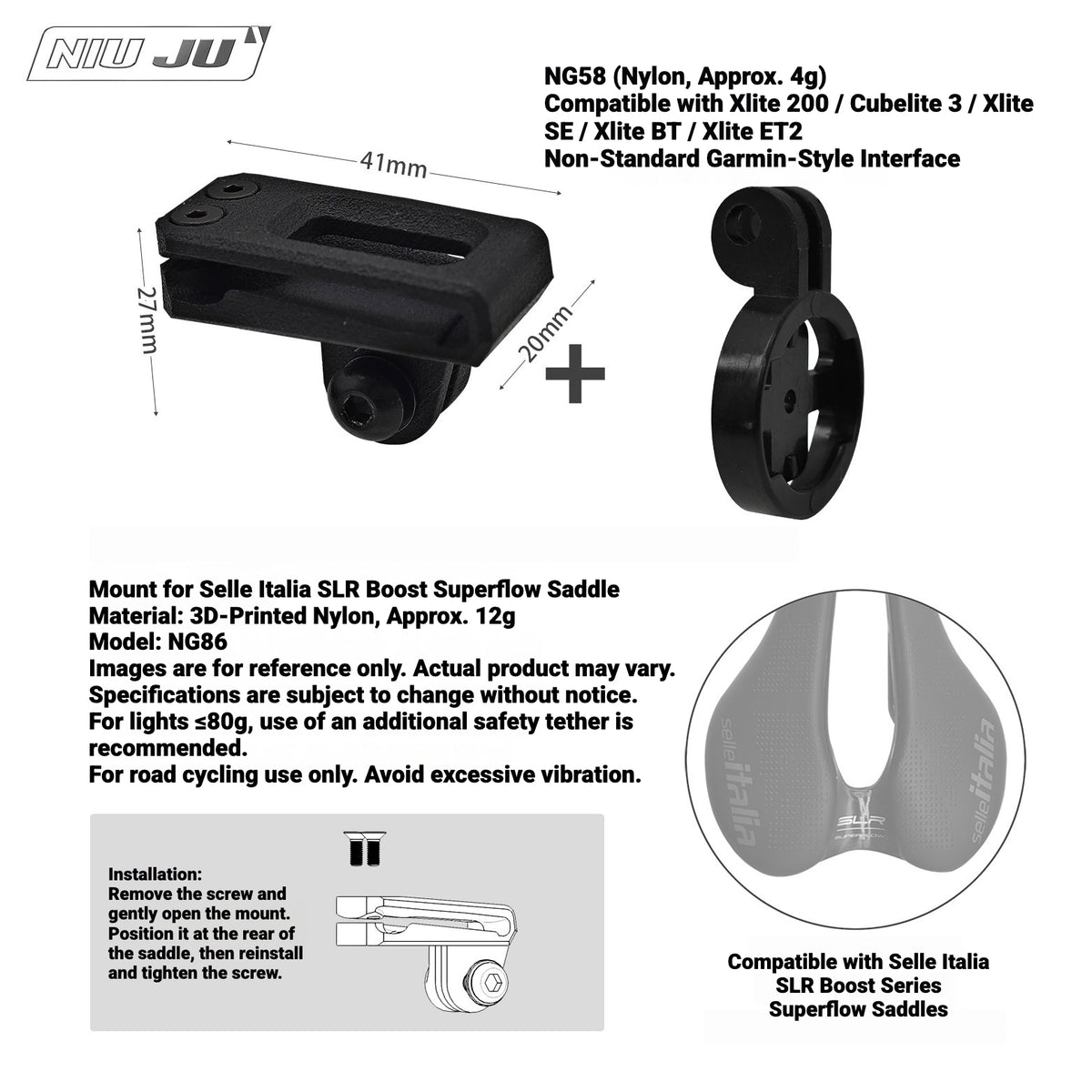 NIUJU Saddle GoPro & Rear Light Mount for Selle Italia SLR Boost Superflow | 3D Printed Nylon