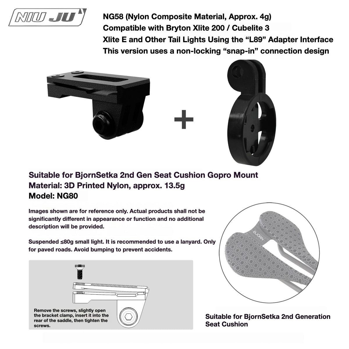 NIUJU Torque Saddle Mount for Bjorn Setka Gen 2 Saddle | GoPro Tail Light & Race Number Holder