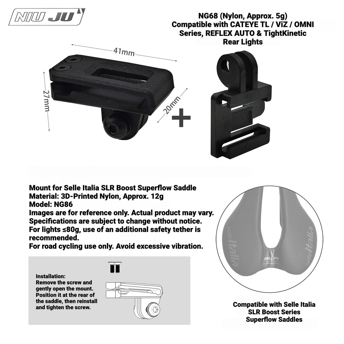 NIUJU Saddle GoPro & Rear Light Mount for Selle Italia SLR Boost Superflow | 3D Printed Nylon